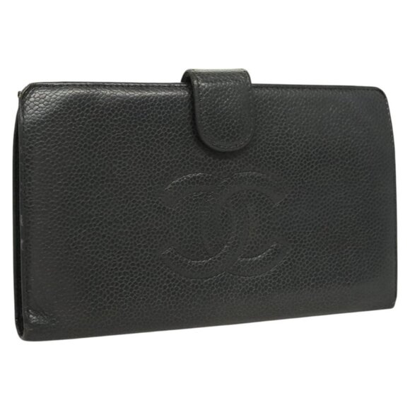 CHANEL Long Wallet Grained Calf Skin Black Gold CC Auth bs27231 - Picture 1 of 16